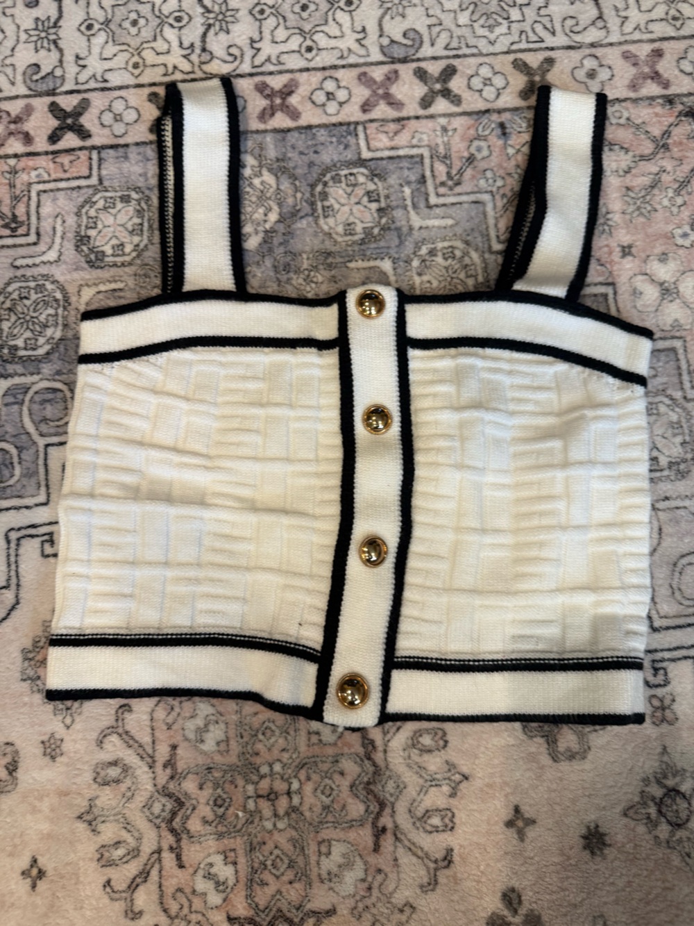 SHEIN White Crop Knit Top with Black Trim and Gold Buttons